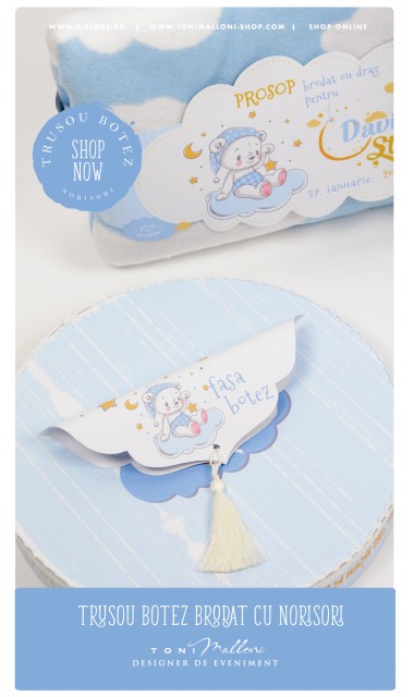 Trusou botez personalizat cu norisori pufosi si ursuleti, Dream big little boy  4
